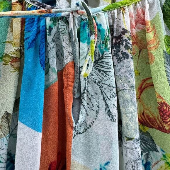 LEIFSDOTTIR Top Women 4 Green Silk Floral Catappa Blouse Crew Neck Ballon Sleeve - Picture 7 of 16